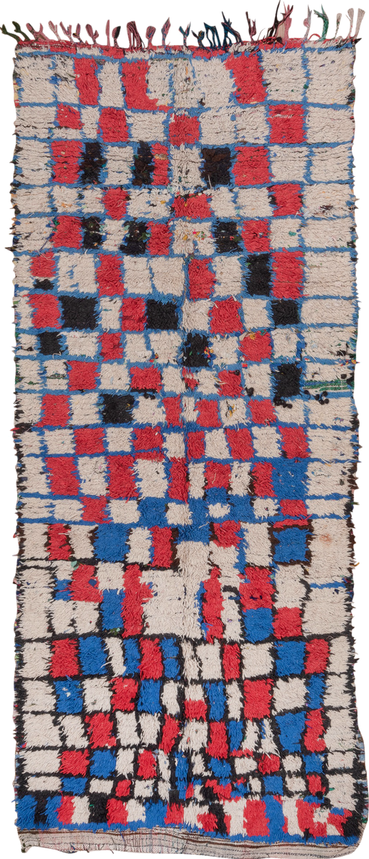 4' x 10' one-of-a-kind handmade vintage Moroccan runner rug. Color palette: black, blue, brown, charcoal, fiord, gray