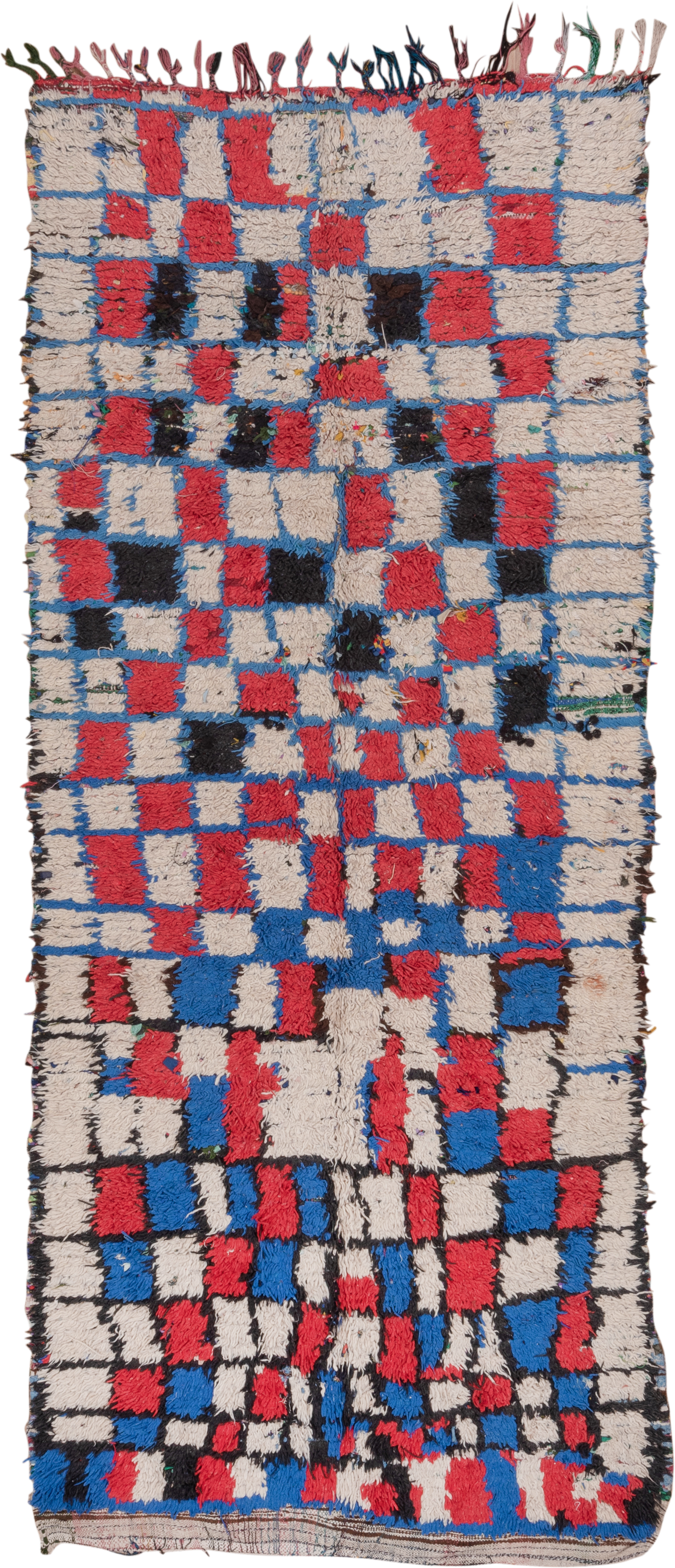 4' x 10' one-of-a-kind handmade vintage Moroccan runner rug. Color palette: ivory, cobalt, crimson, black, blue, red