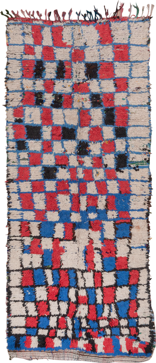 4' x 10' one-of-a-kind handmade vintage Moroccan runner rug. Color palette: black, blue, brown, charcoal, fiord, gray