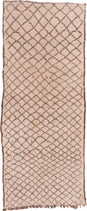 4' x 12' one-of-a-kind handmade vintage Moroccan runner rug. Color palette: ivory, brown, taupe, sky_blue, coral, beige