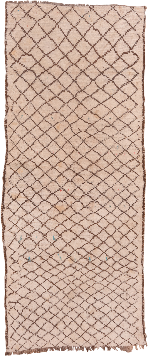 4' x 12' one-of-a-kind handmade vintage Moroccan runner rug. Color palette: ivory, brown, taupe, sky_blue, coral, beige