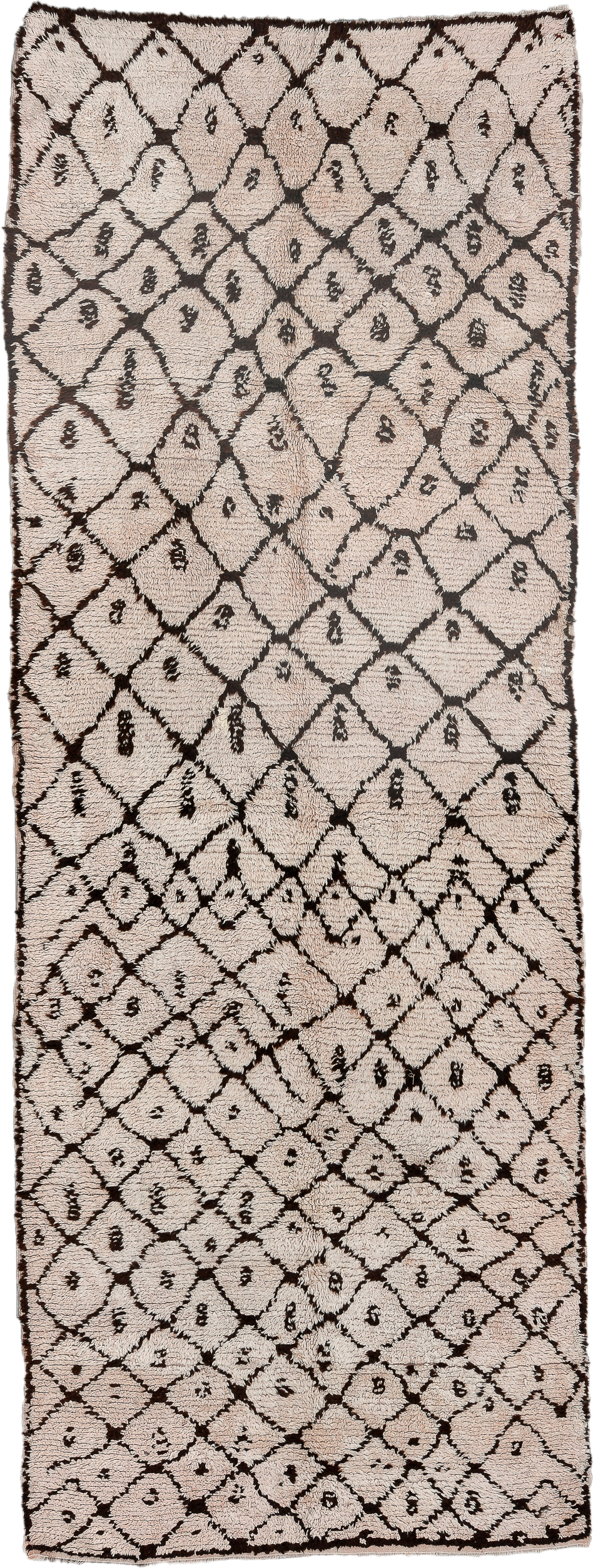 4' x 13' one-of-a-kind handmade antique Moroccan runner rug. Color palette: ivory, dark brown, espresso, brown, black
