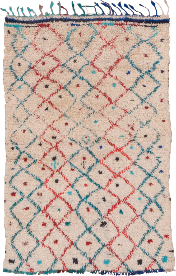 4' x 6' one-of-a-kind handmade vintage Moroccan small size rug. Color palette: ivory, turquoise, red, navy, black, teal