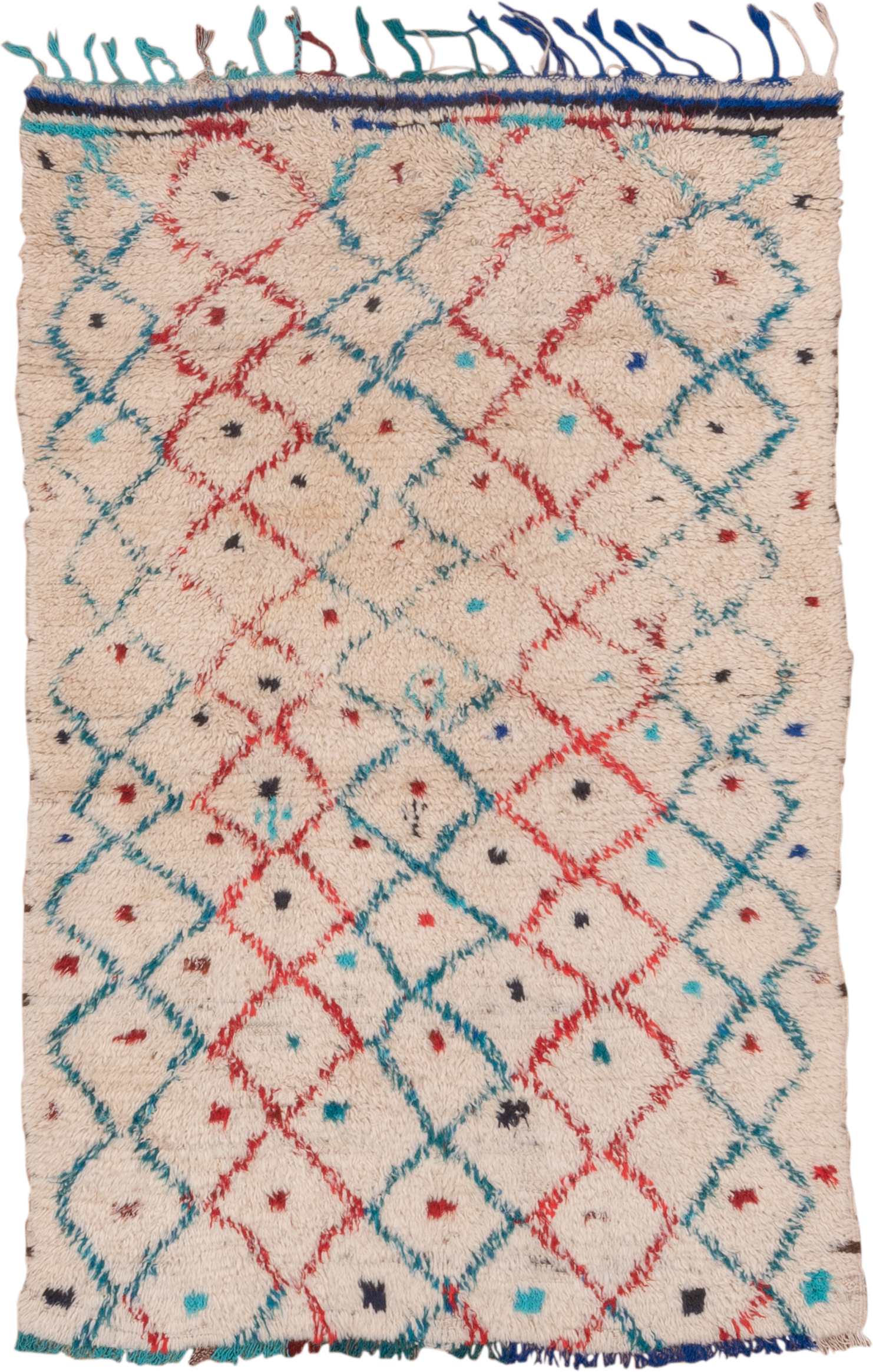 4' x 6' one-of-a-kind handmade vintage Moroccan small size rug. Color palette: ivory, turquoise, red, navy, black, teal