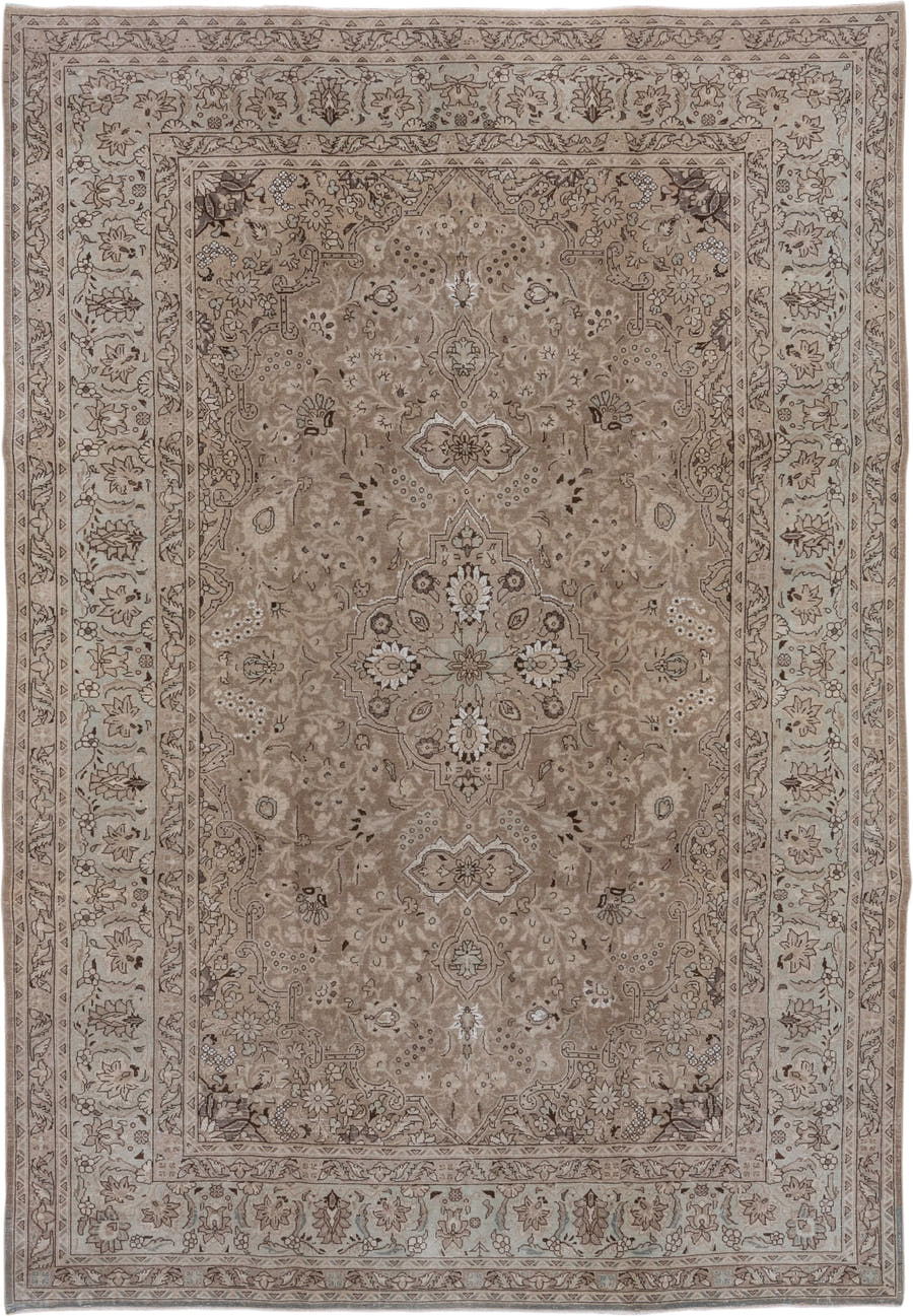 7' x 10' one-of-a-kind handmade antique Sivas large size rug. Color palette: taupe, ivory, beige, brown, camel, charcoal
