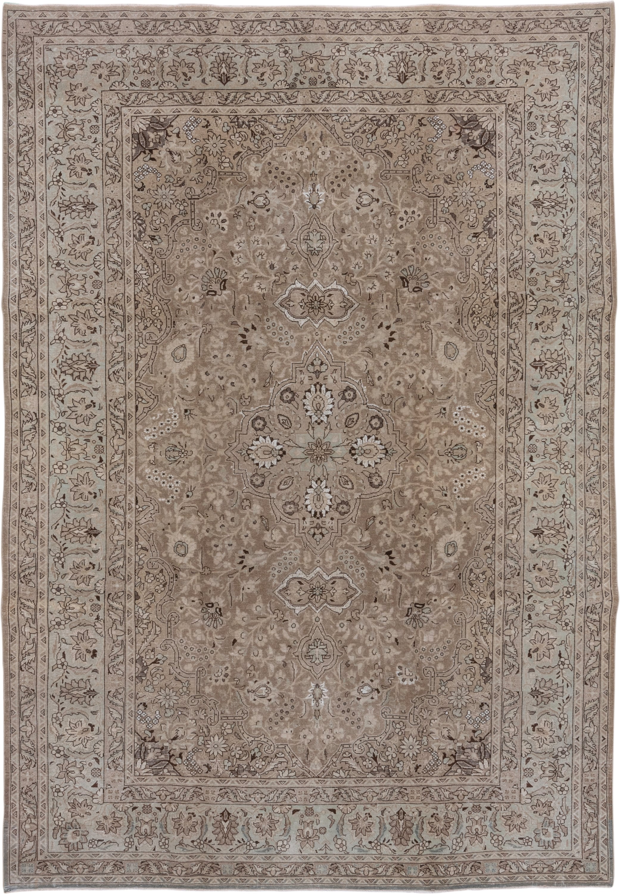 7' x 10' one-of-a-kind handmade antique Sivas large size rug. Color palette: taupe, ivory, beige, brown, camel, charcoal