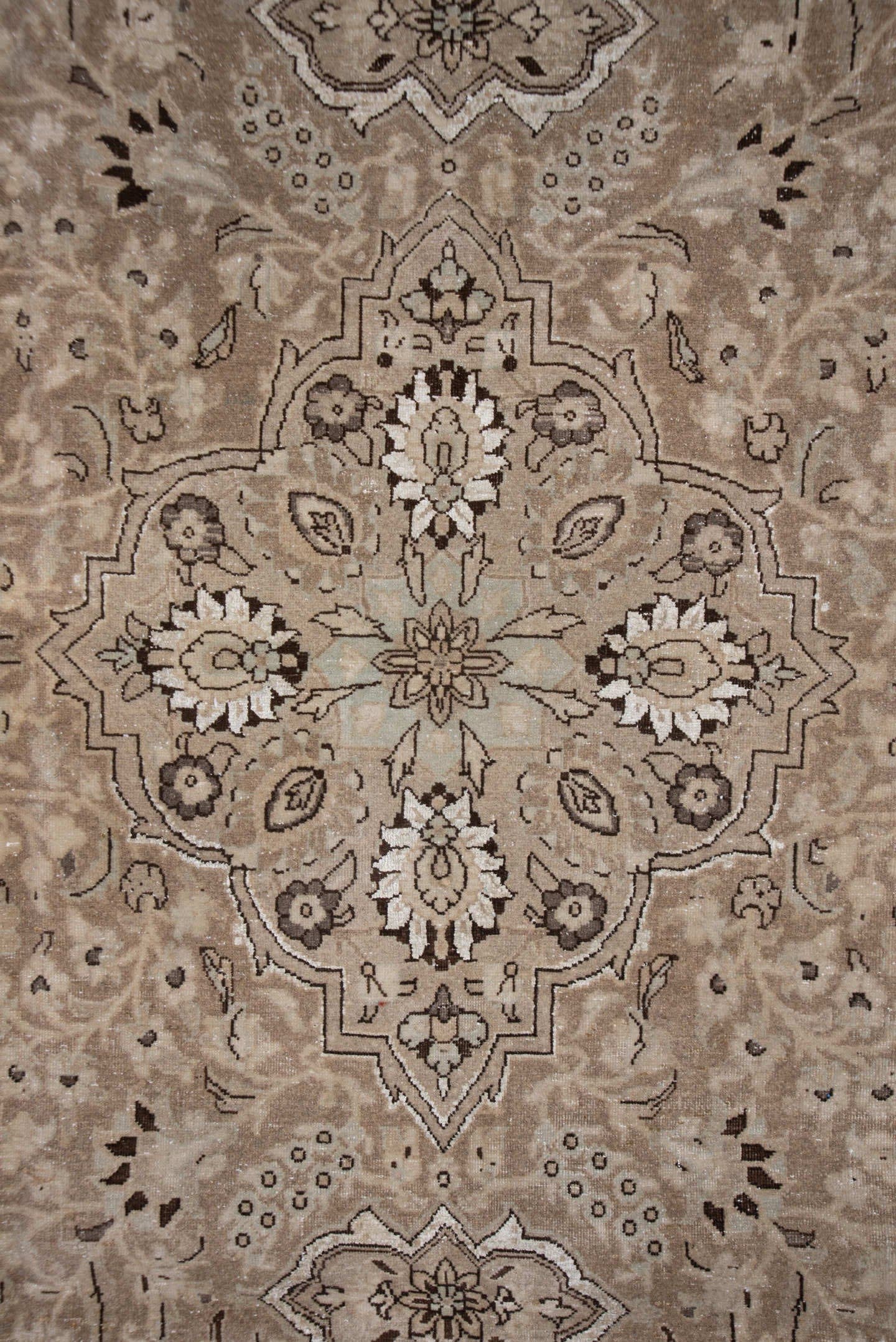 7' x 10' one-of-a-kind handmade antique Sivas large size rug. Color palette: taupe, ivory, beige, brown, camel, charcoal