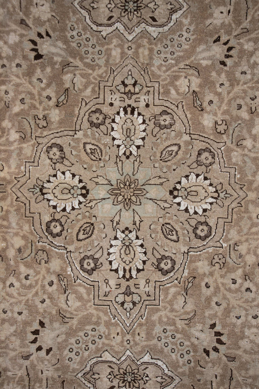 7' x 10' one-of-a-kind handmade antique Sivas large size rug. Color palette: taupe, ivory, beige, brown, camel, charcoal