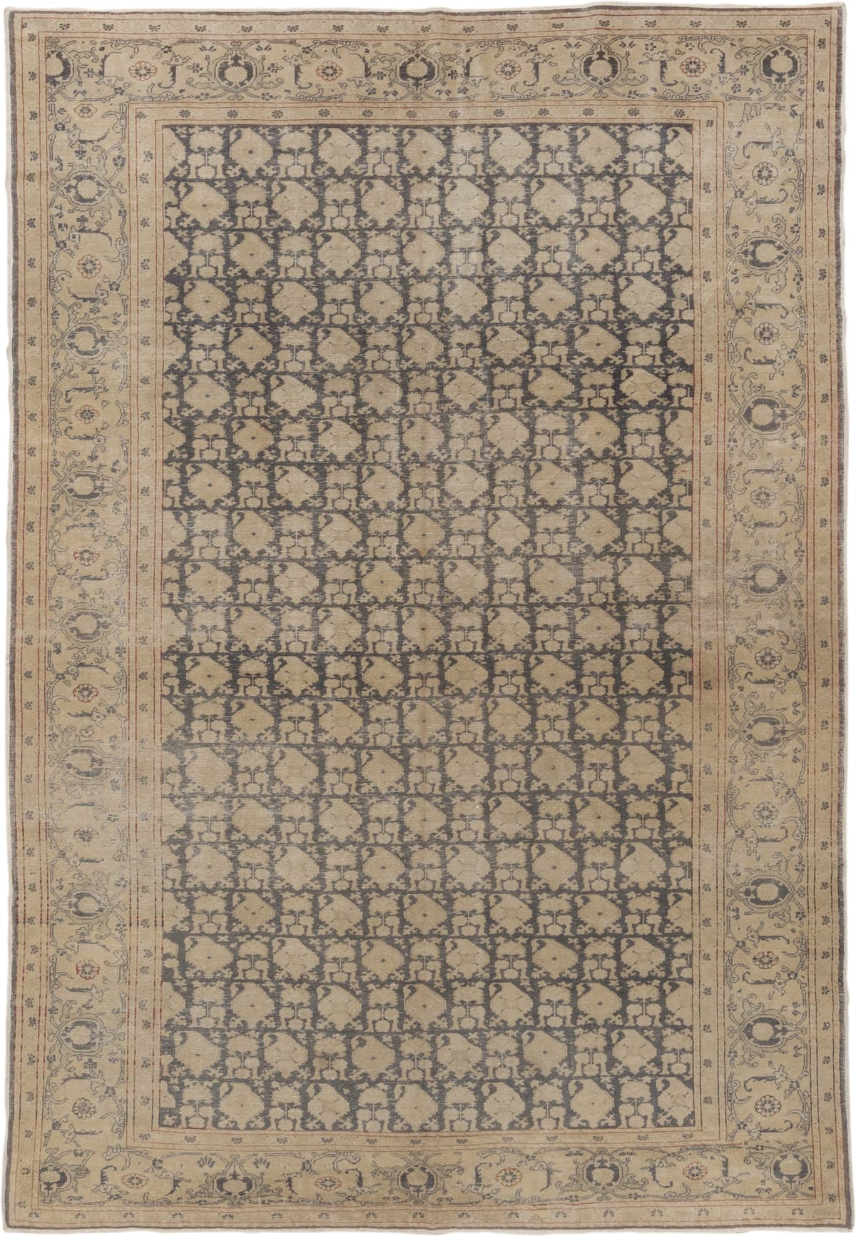 6' x 9' one-of-a-kind handmade antique Kaisary medium size rug. Color palette: ivory, taupe, charcoal, camel, rust, slate