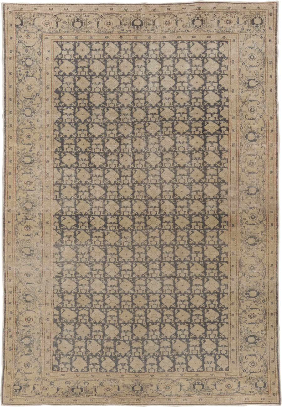 6' x 9' one-of-a-kind handmade antique Kaisary medium size rug. Color palette: ivory, taupe, charcoal, camel, rust, slate