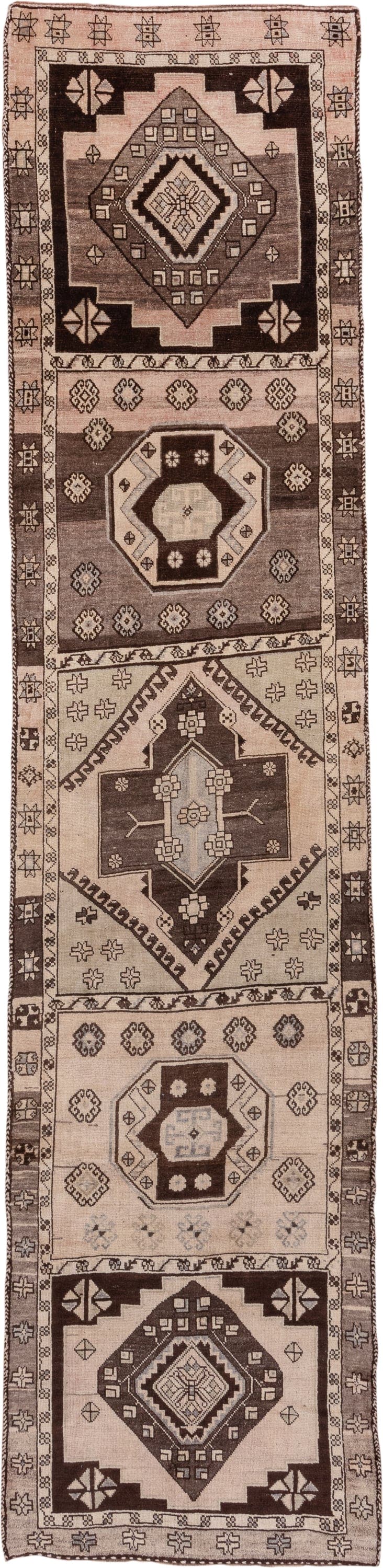 3' x 14' one-of-a-kind handmade antique Oushak runner rug. Color palette: ivory, taupe, brown, camel, charcoal, beige, gray