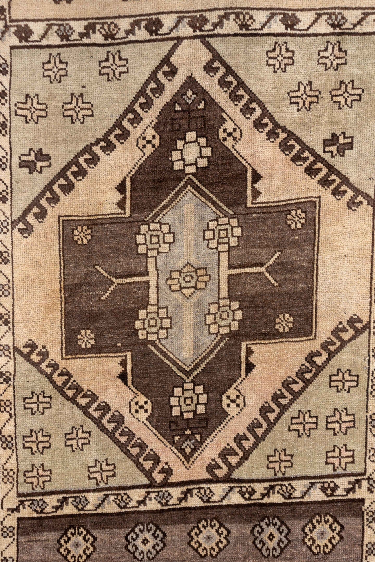 3' x 14' one-of-a-kind handmade antique Oushak runner rug. Color palette: ivory, taupe, brown, camel, charcoal, beige, gray