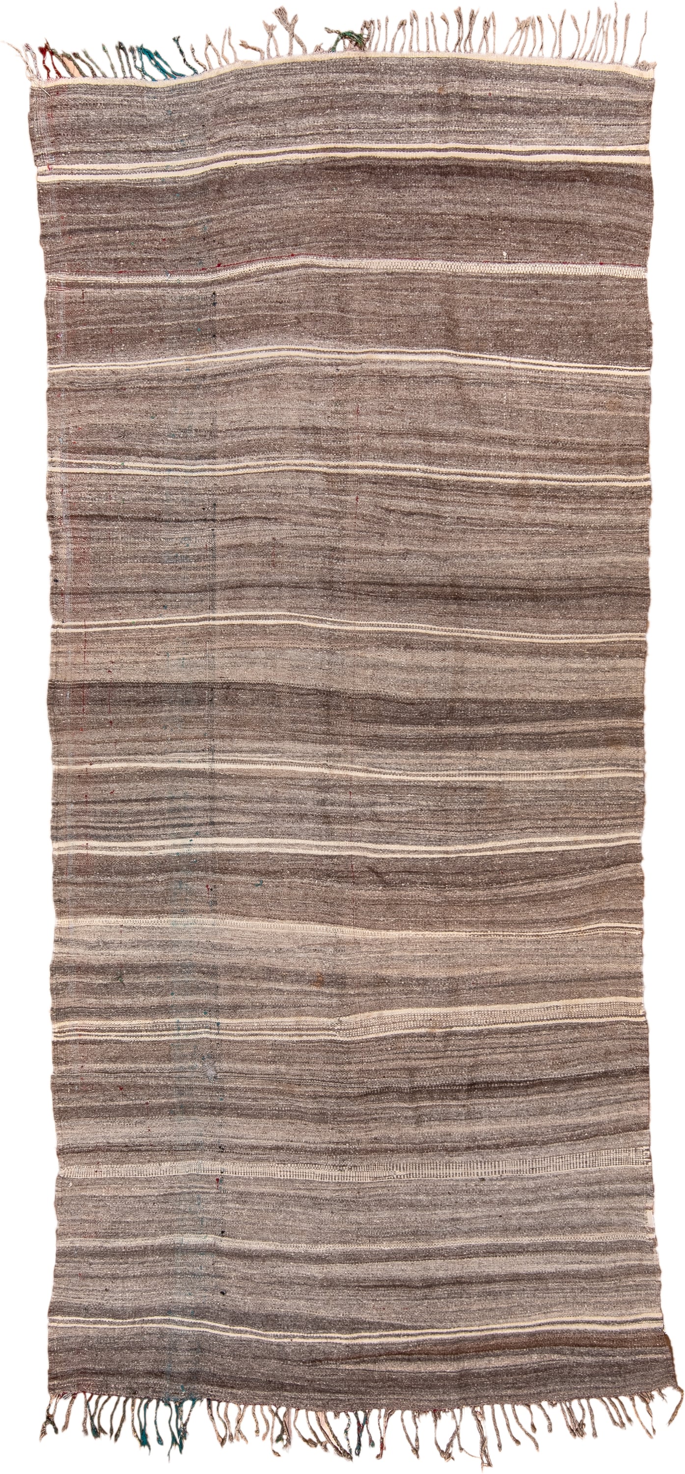 4' x 10' one-of-a-kind handmade vintage Blanket runner rug. Color palette: taupe, brown, ivory, charcoal, beige, gray, black