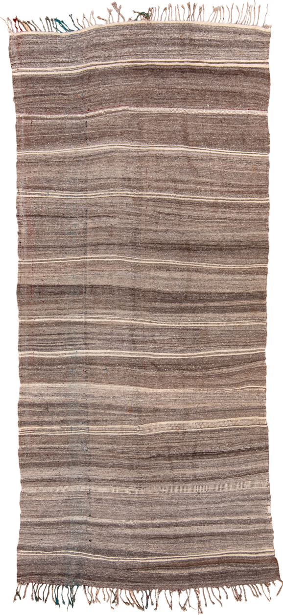 4' x 10' one-of-a-kind handmade vintage Blanket runner rug. Color palette: taupe, brown, ivory, charcoal, beige, gray, black