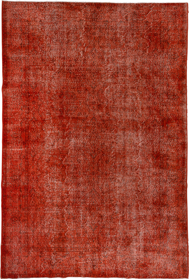 7' x 10' one-of-a-kind handmade vintage Overdyed large size rug. Color palette: brown, dark red, maroon, pink, red
