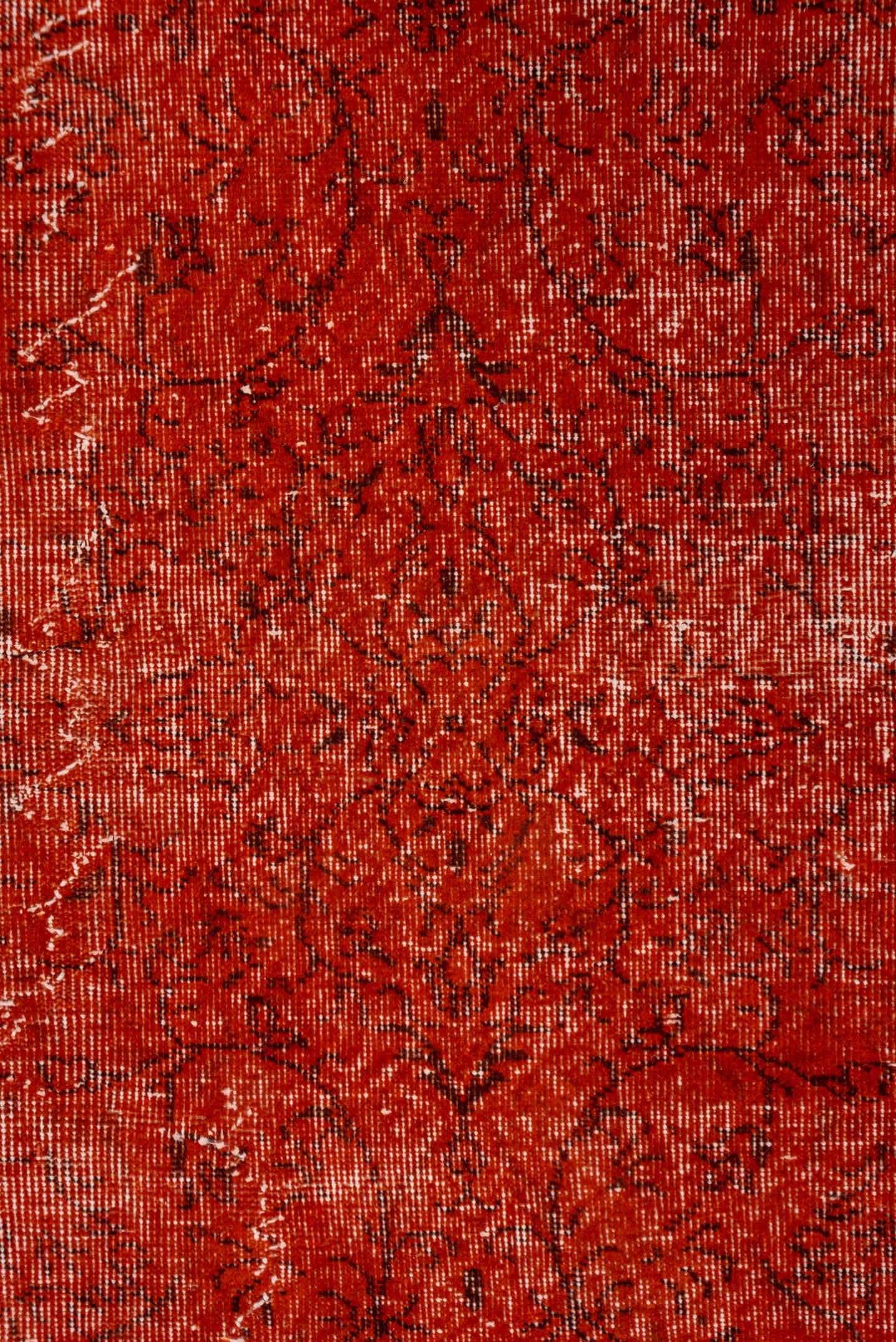 7' x 10' one-of-a-kind handmade vintage Overdyed large size rug. Color palette: rust, terra cotta, crimson, brick, charcoal