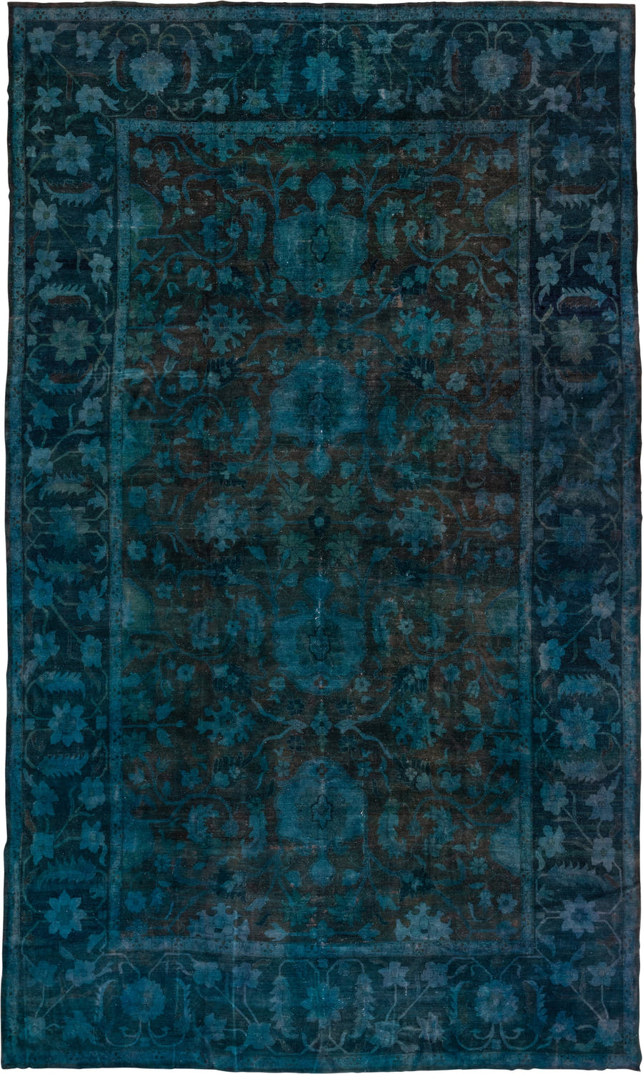 15' x 27' one-of-a-kind handmade vintage Overdyed oversize rug. Color palette: teal, charcoal, indigo, slate, aqua, ivory