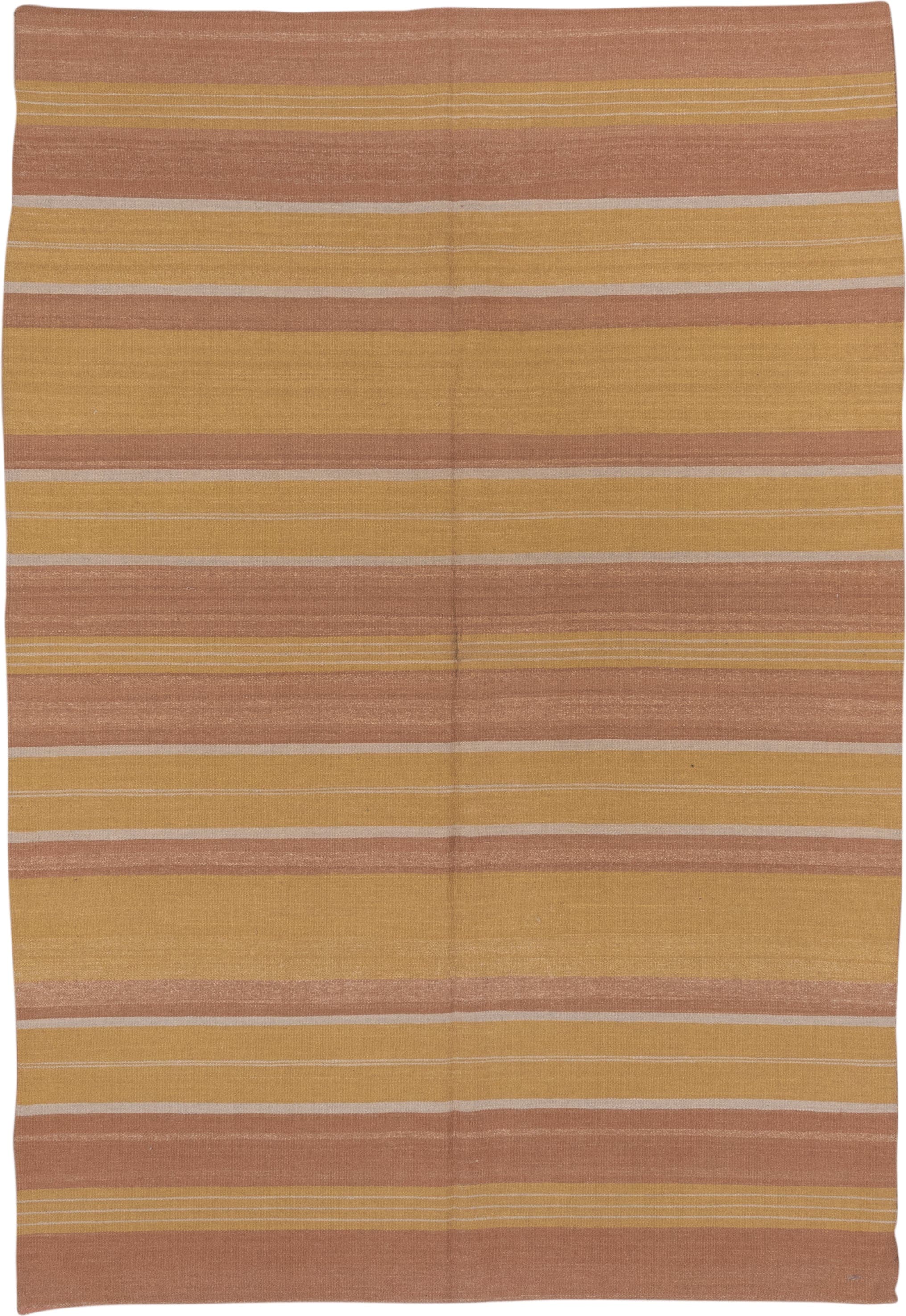 6' x 9' one-of-a-kind handmade vintage Kilim medium size rug. Color palette: camel, blush, gold, ivory, beige, pink