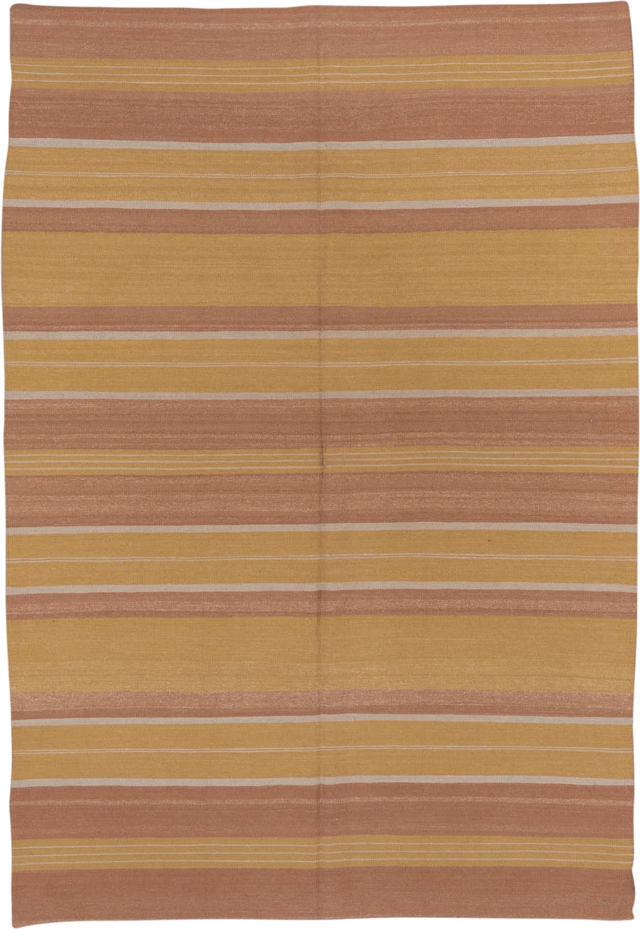 6' x 9' one-of-a-kind handmade vintage Kilim medium size rug. Color palette: camel, blush, gold, ivory, beige, pink