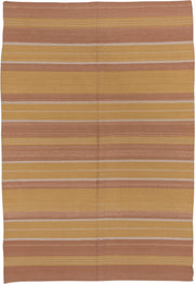 6' x 9' one-of-a-kind handmade vintage Kilim medium size rug. Color palette: camel, blush, gold, ivory, beige, pink