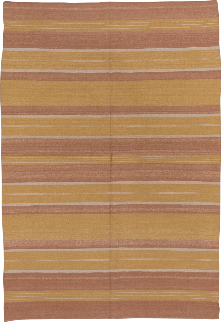 6' x 9' one-of-a-kind handmade vintage Kilim medium size rug. Color palette: camel, blush, gold, ivory, beige, pink