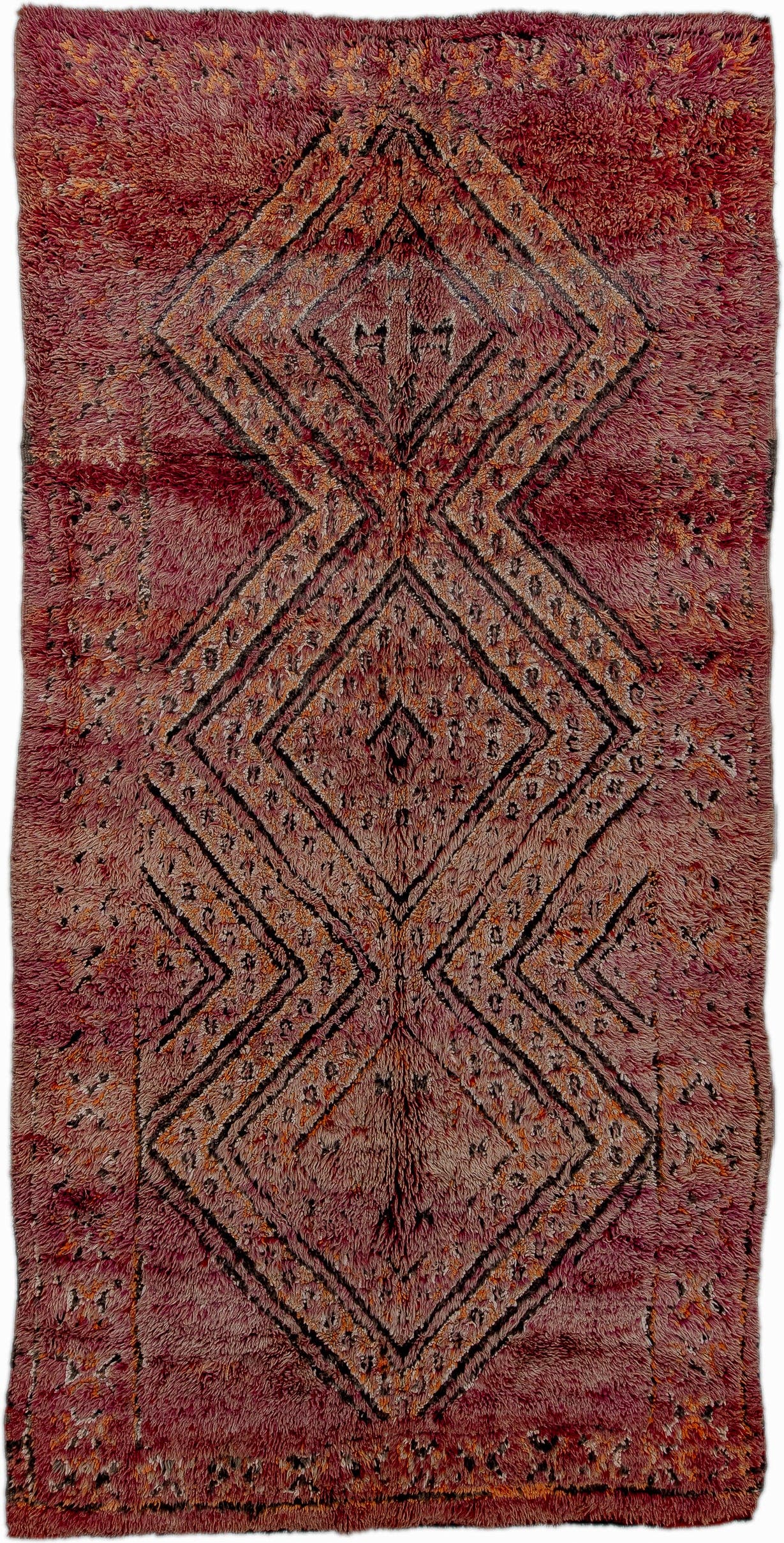 6' x 12' one-of-a-kind handmade antique Moroccan large size rug. Color palette: rose, mauve, plum, charcoal, rust, saffron