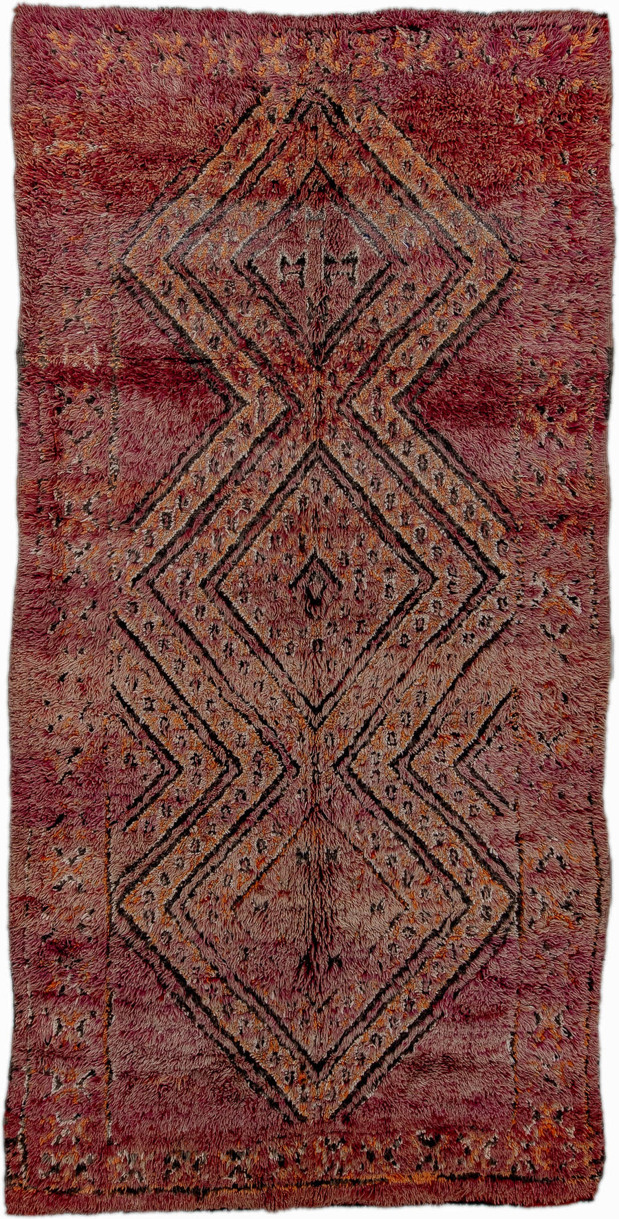 6' x 12' one-of-a-kind handmade antique Moroccan large size rug. Color palette: rose, mauve, plum, charcoal, rust, saffron