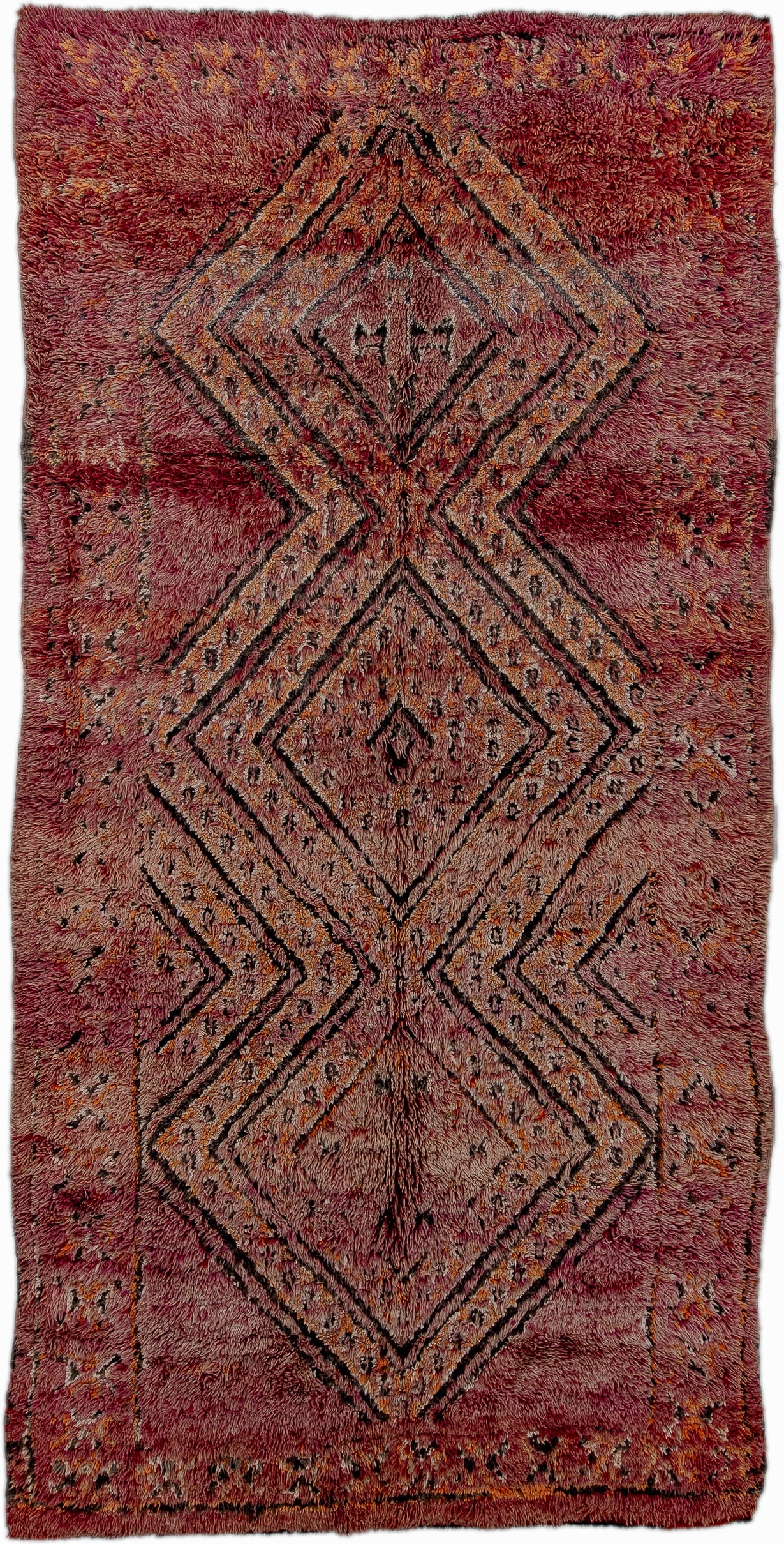6' x 12' one-of-a-kind handmade antique Moroccan large size rug. Color palette: rose, mauve, plum, charcoal, rust, saffron