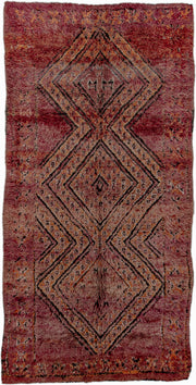 6' x 12' one-of-a-kind handmade antique Moroccan large size rug. Color palette: rose, mauve, plum, charcoal, rust, saffron