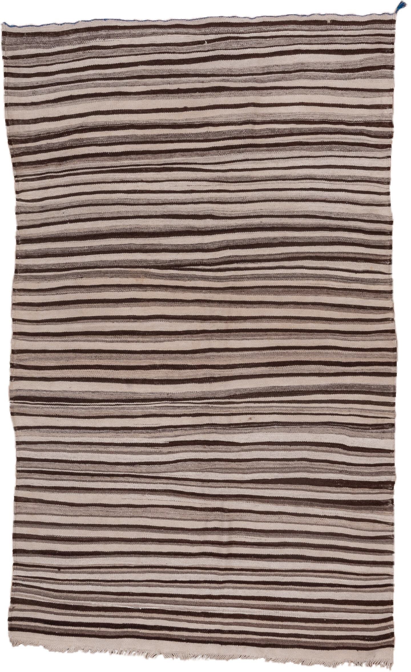 4' x 6' one-of-a-kind handmade vintage Blanket small size rug. Color palette: ivory, taupe, brown, charcoal, beige, gray
