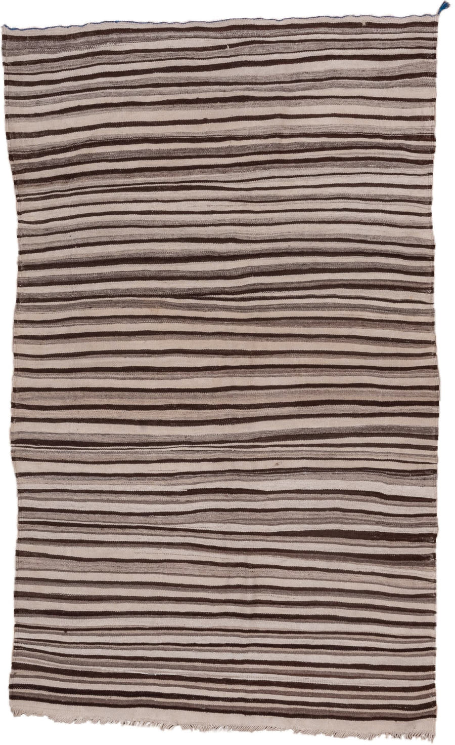 4' x 6' one-of-a-kind handmade vintage Blanket small size rug. Color palette: ivory, taupe, brown, charcoal, beige, gray