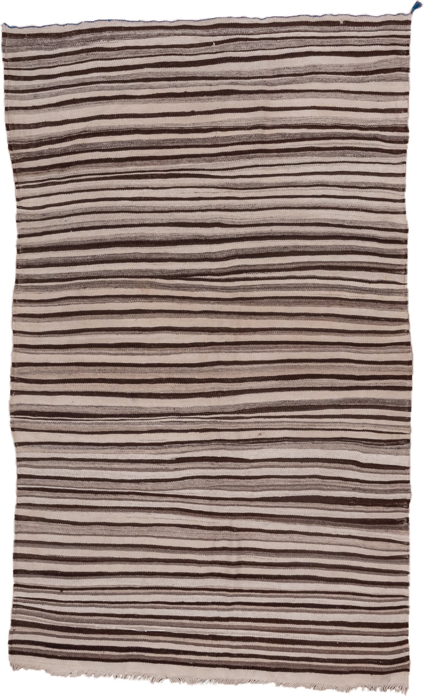 4' x 6' one-of-a-kind handmade vintage Blanket small size rug. Color palette: ivory, taupe, brown, charcoal, beige, gray