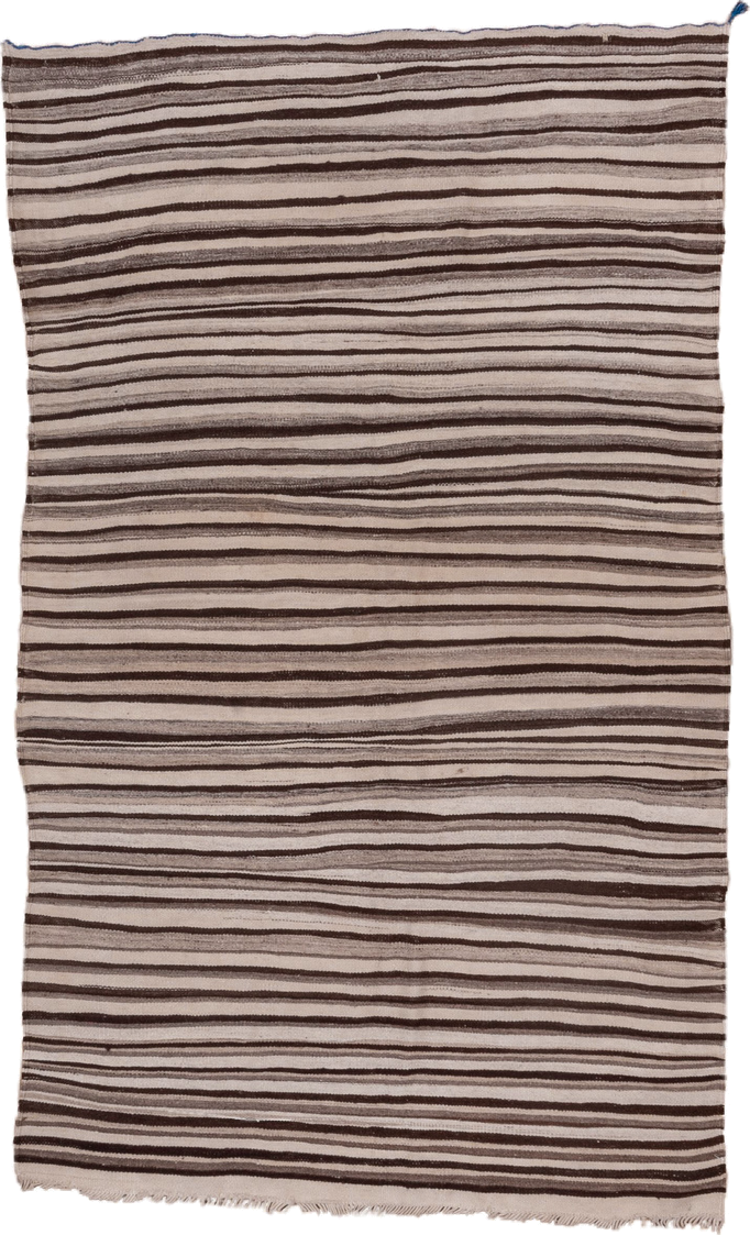 4' x 6' one-of-a-kind handmade vintage Blanket small size rug. Color palette: ivory, taupe, brown, charcoal, beige, gray