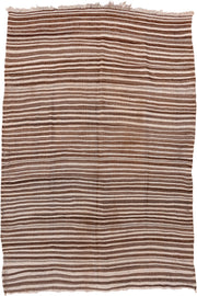 4' x 6' one-of-a-kind handmade vintage Blanket small size rug. Color palette: brown, ivory, taupe, camel, beige, gray