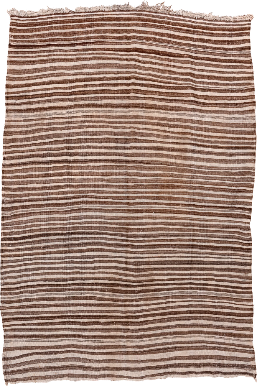 4' x 6' one-of-a-kind handmade vintage Blanket small size rug. Color palette: brown, ivory, taupe, camel, beige, gray