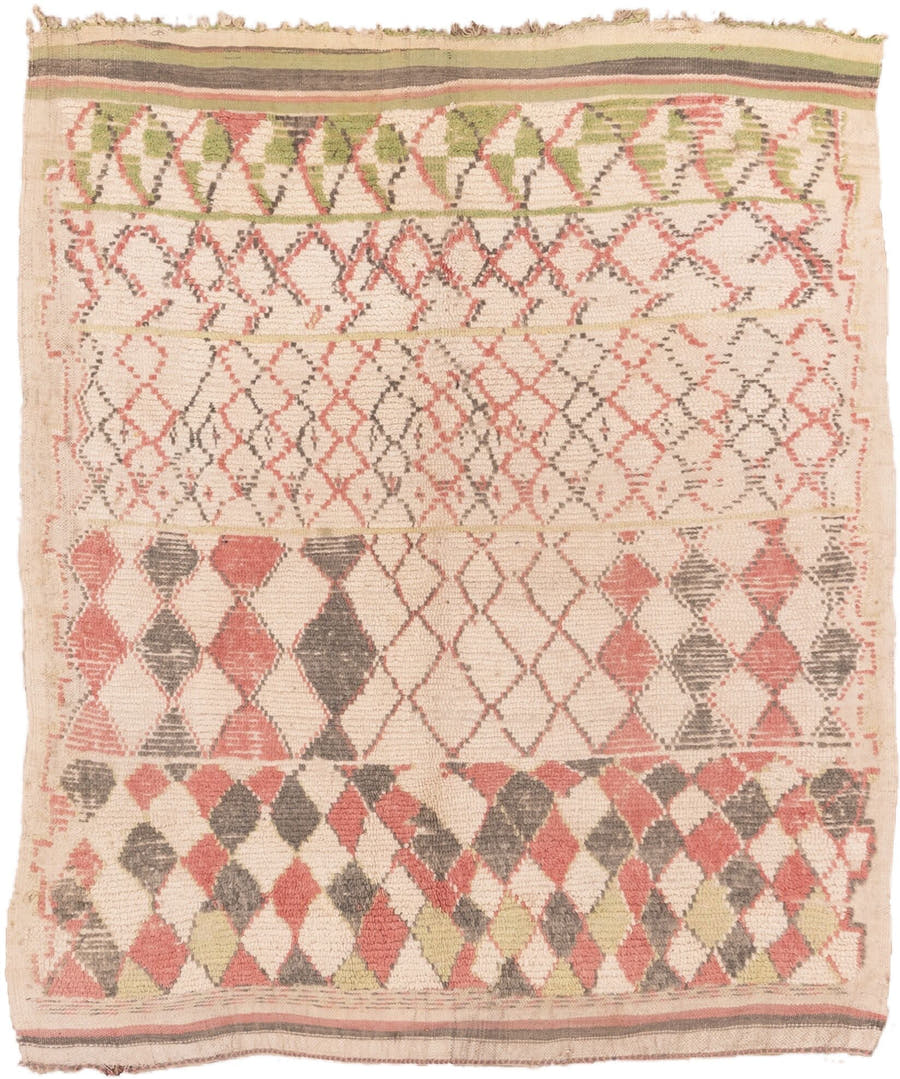 5' x 5' one-of-a-kind handmade vintage Moroccan rug. Color palette: ivory, rose, charcoal, olive, taupe, pink, red, gray