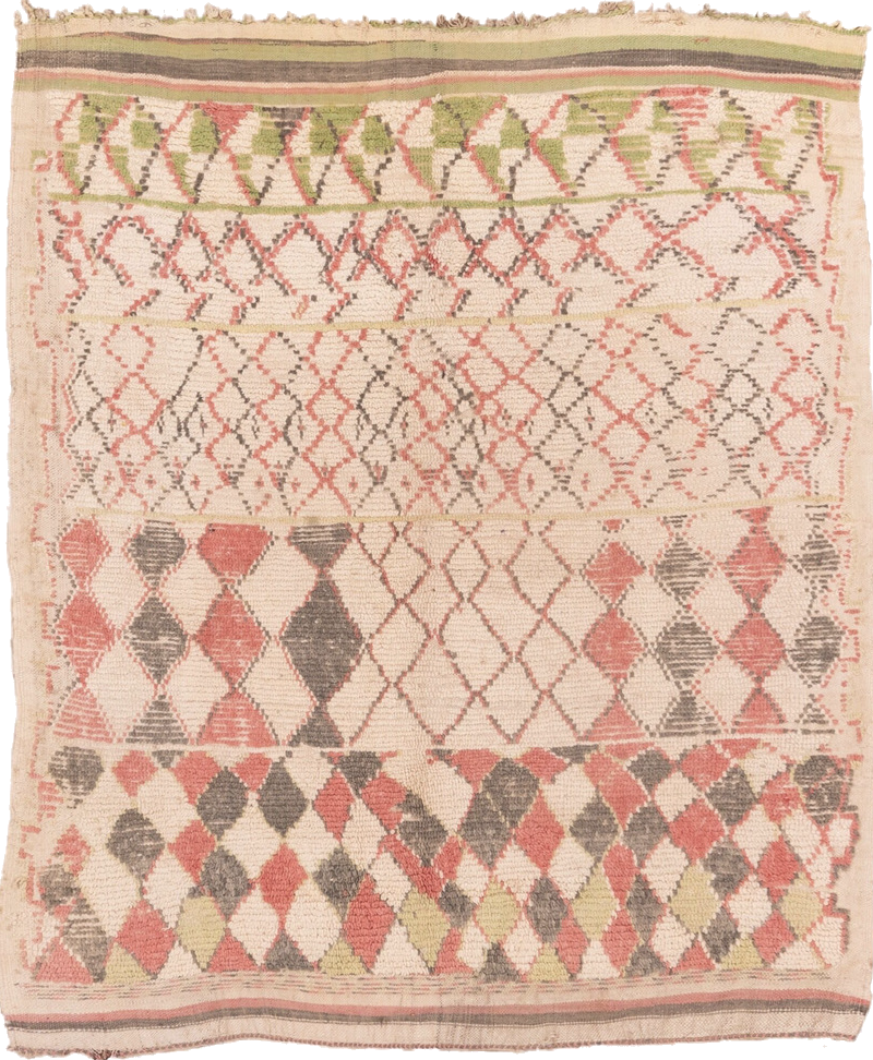 5' x 5' one-of-a-kind handmade vintage Moroccan rug. Color palette: antiquewhite, brown, gray, off-white, orange