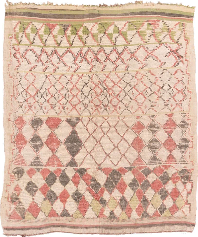 5' x 5' one-of-a-kind handmade vintage Moroccan rug. Color palette: ivory, rose, charcoal, olive, taupe, pink, red, gray