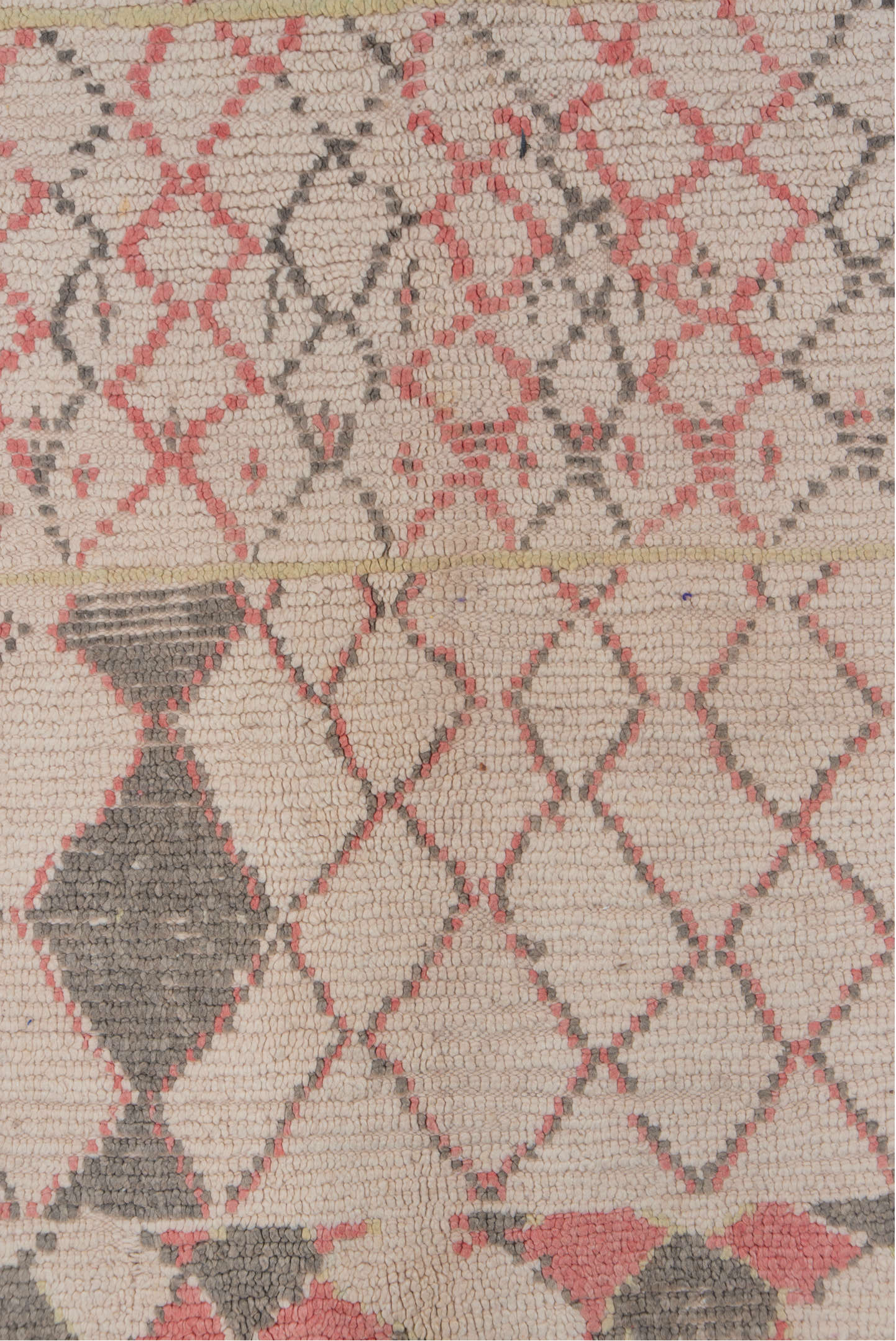 5' x 5' one-of-a-kind handmade vintage Moroccan rug. Color palette: ivory, rose, charcoal, olive, taupe, pink, red, gray