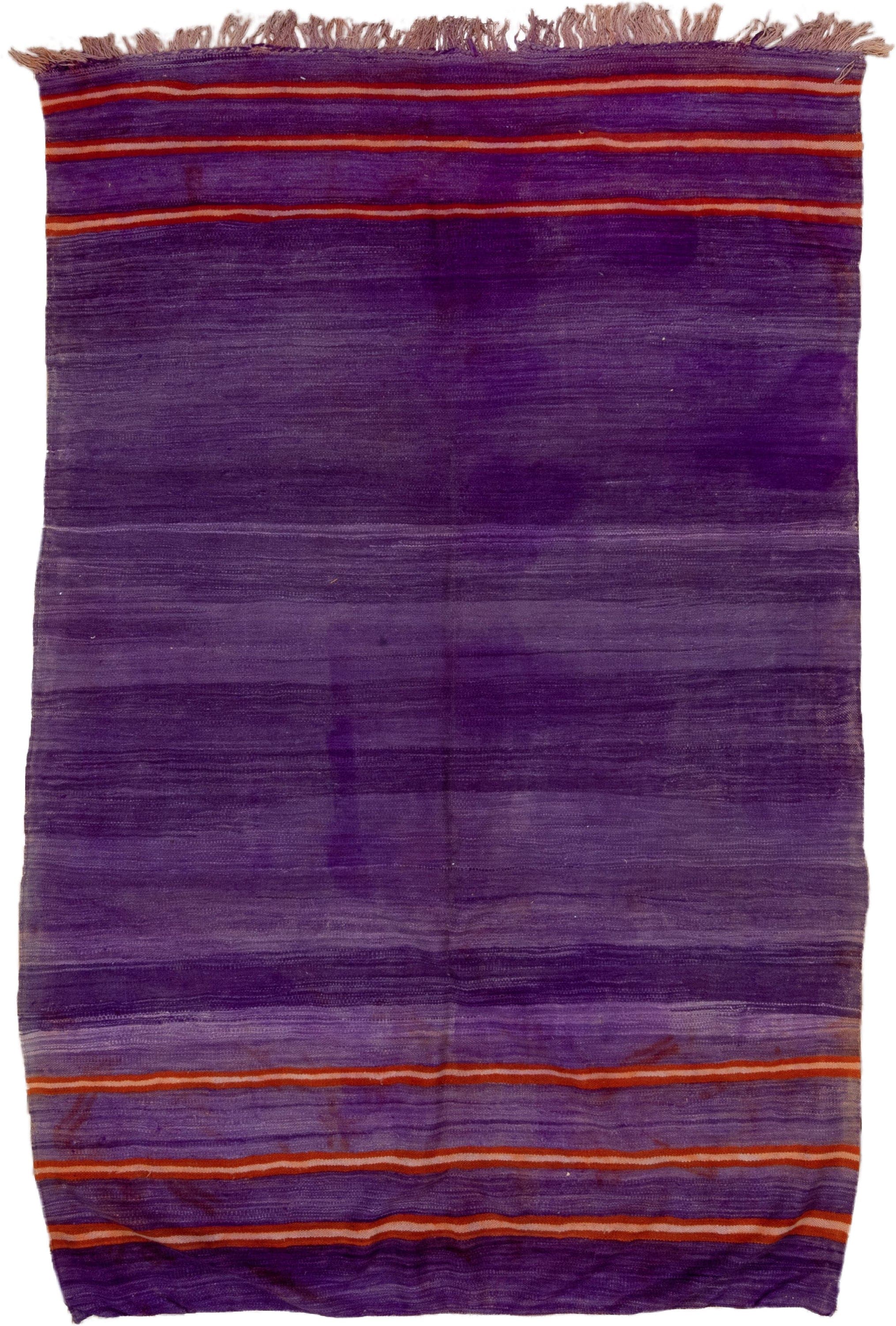 6' x 9' one-of-a-kind handmade vintage Blanket medium size rug. Color palette: purple, violet, rust, ivory, pink, terracotta