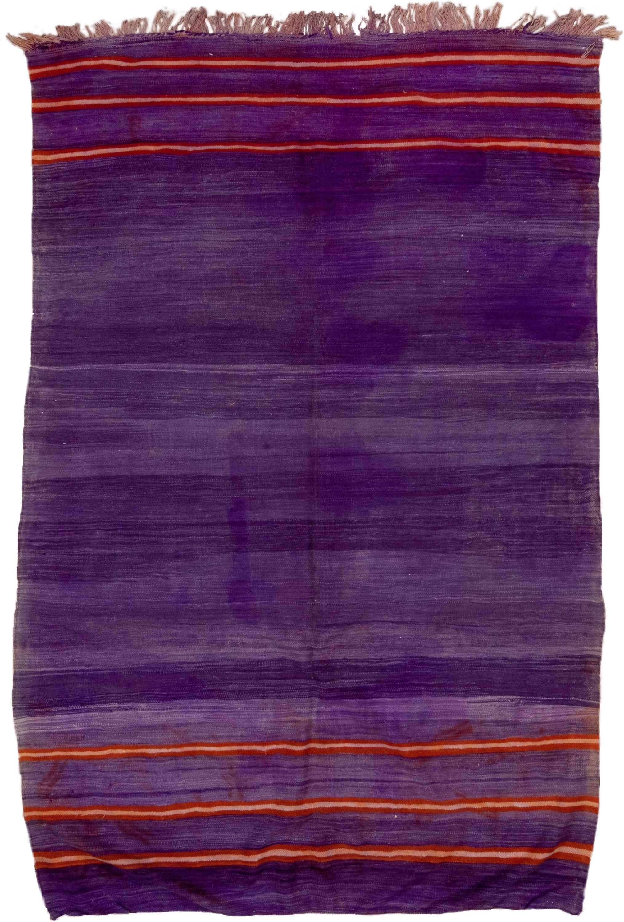 6' x 9' one-of-a-kind handmade vintage Blanket medium size rug. Color palette: purple, violet, rust, ivory, pink, terracotta