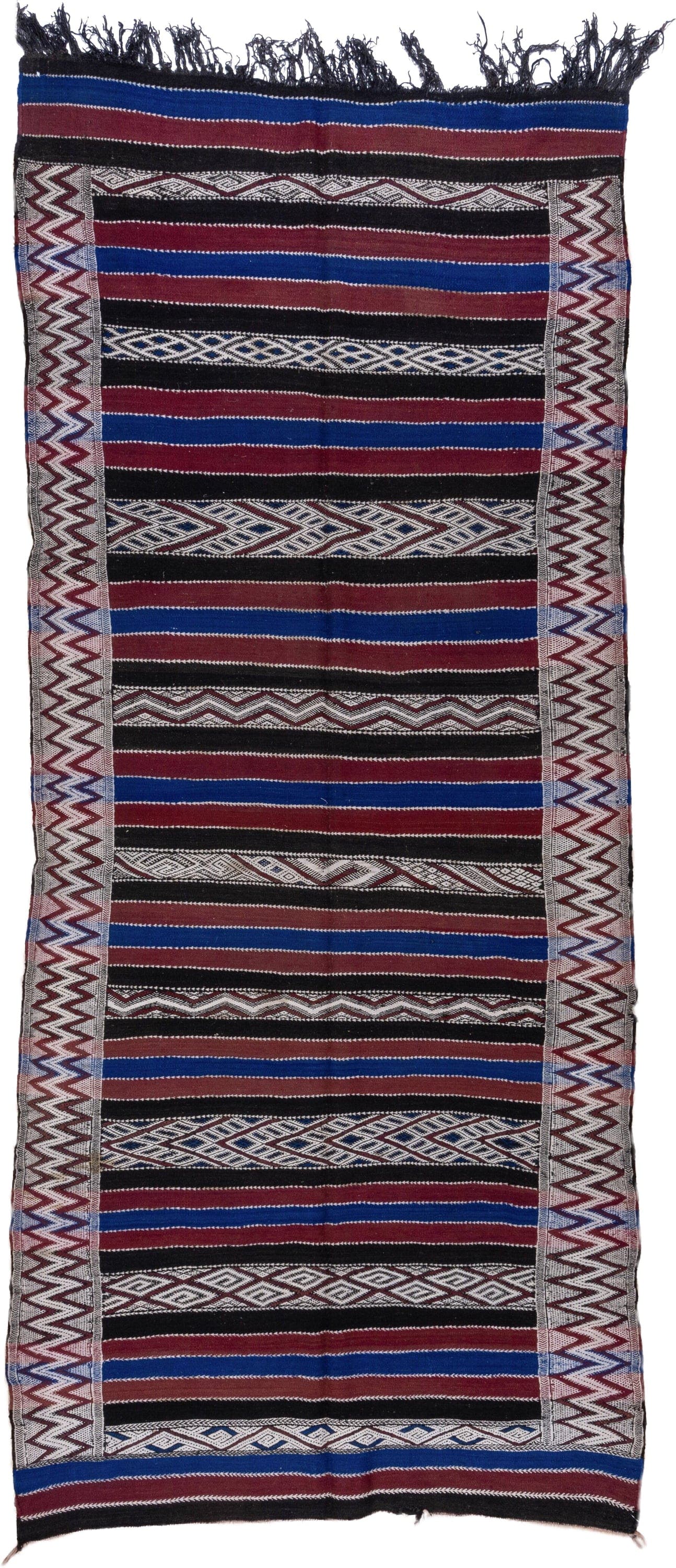 5' x 11' one-of-a-kind handmade vintage Kilim runner rug. Color palette: black, burgundy, indigo, ivory, gray, purple