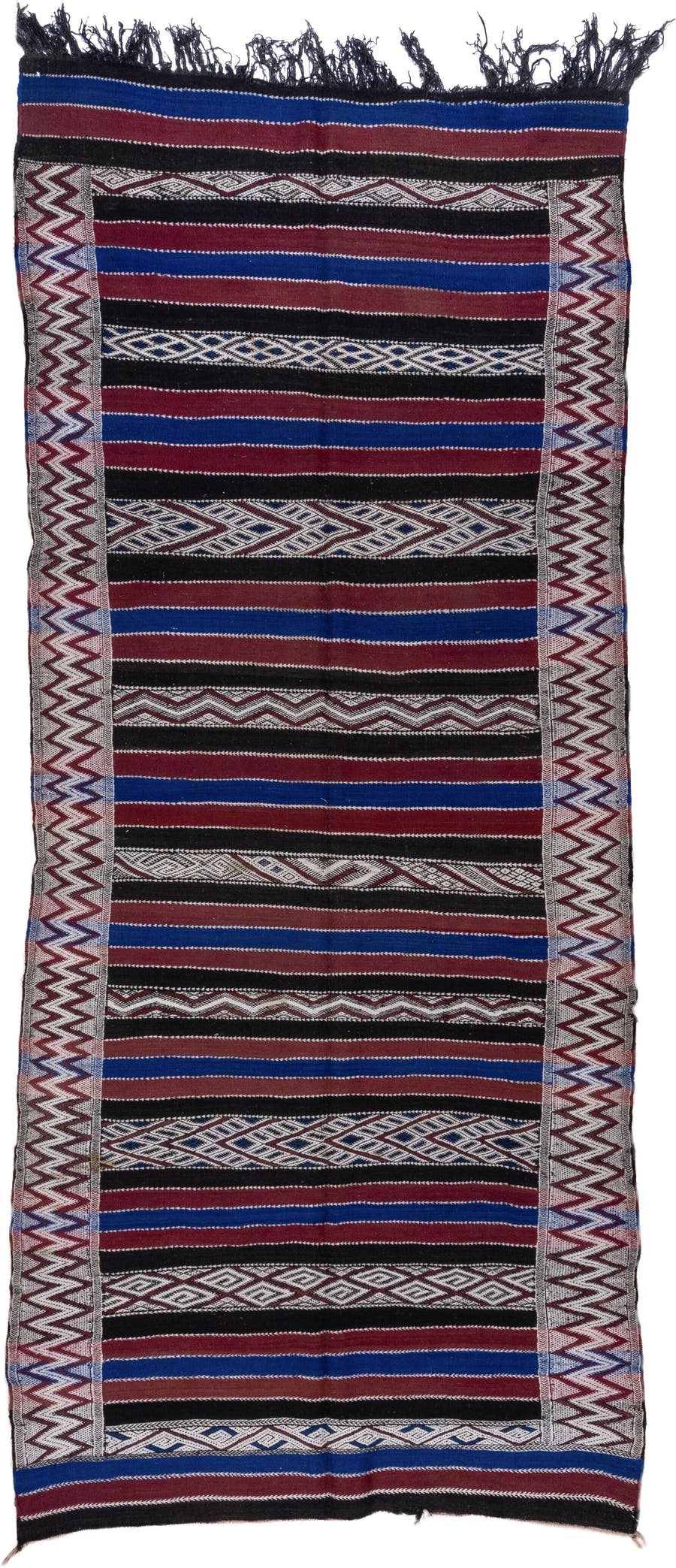 5' x 11' one-of-a-kind handmade vintage Kilim runner rug. Color palette: black, burgundy, indigo, ivory, gray, purple