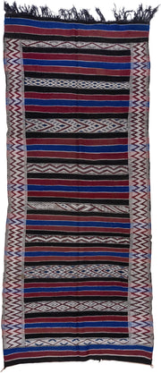 5' x 11' one-of-a-kind handmade vintage Kilim runner rug. Color palette: black, burgundy, indigo, ivory, gray, purple
