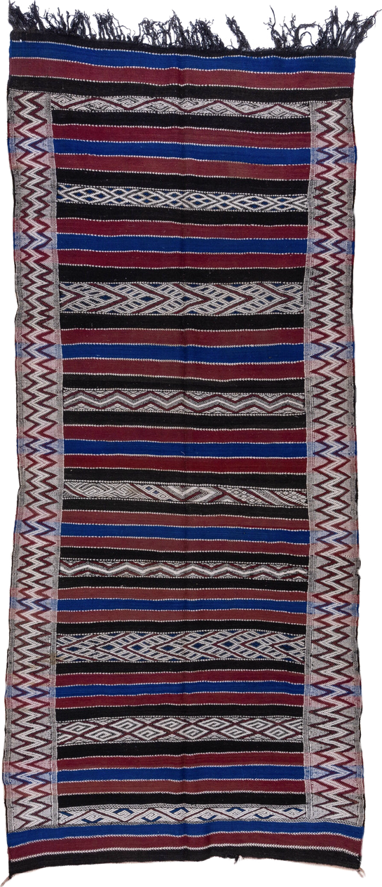5' x 11' one-of-a-kind handmade vintage Kilim runner rug. Color palette: black, burgundy, indigo, ivory, gray, purple