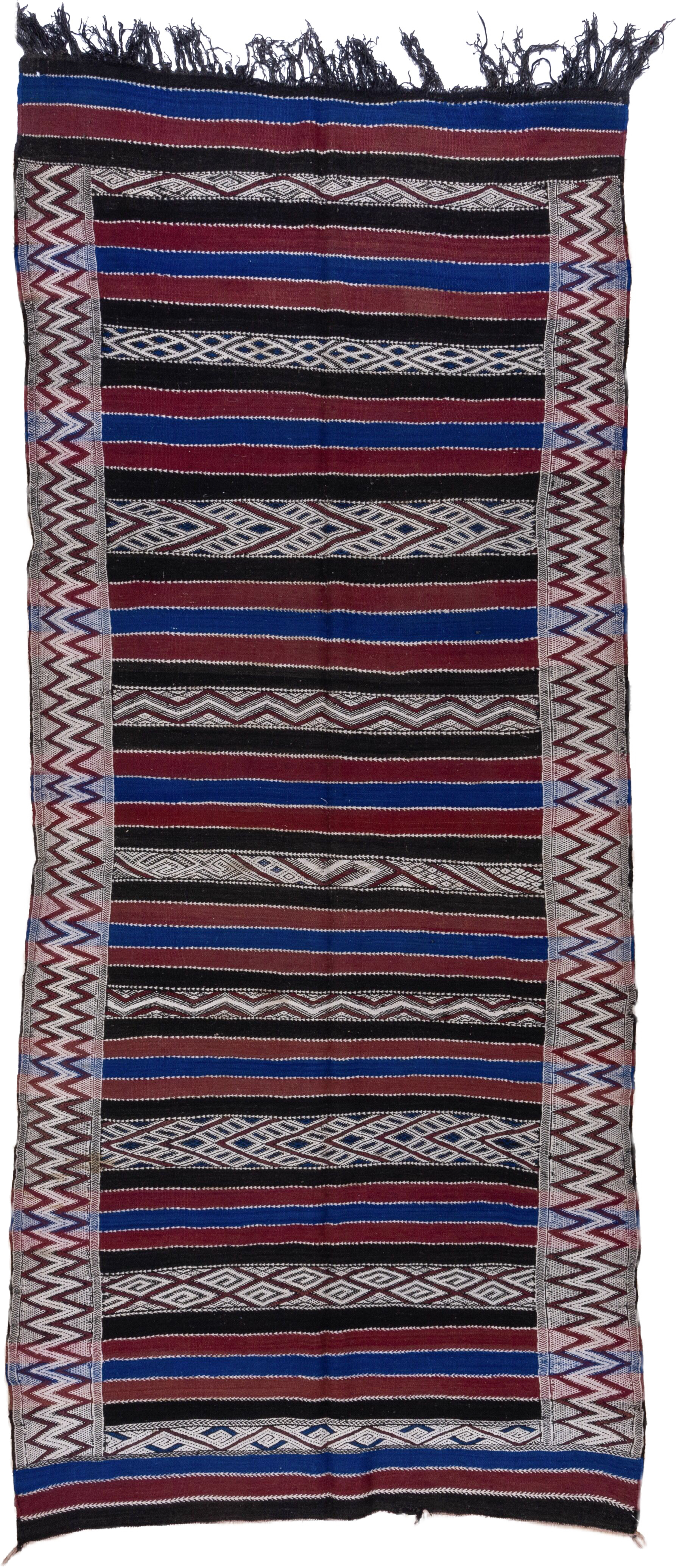 5' x 11' one-of-a-kind handmade vintage Kilim runner rug. Color palette: black, burgundy, indigo, ivory, gray, purple