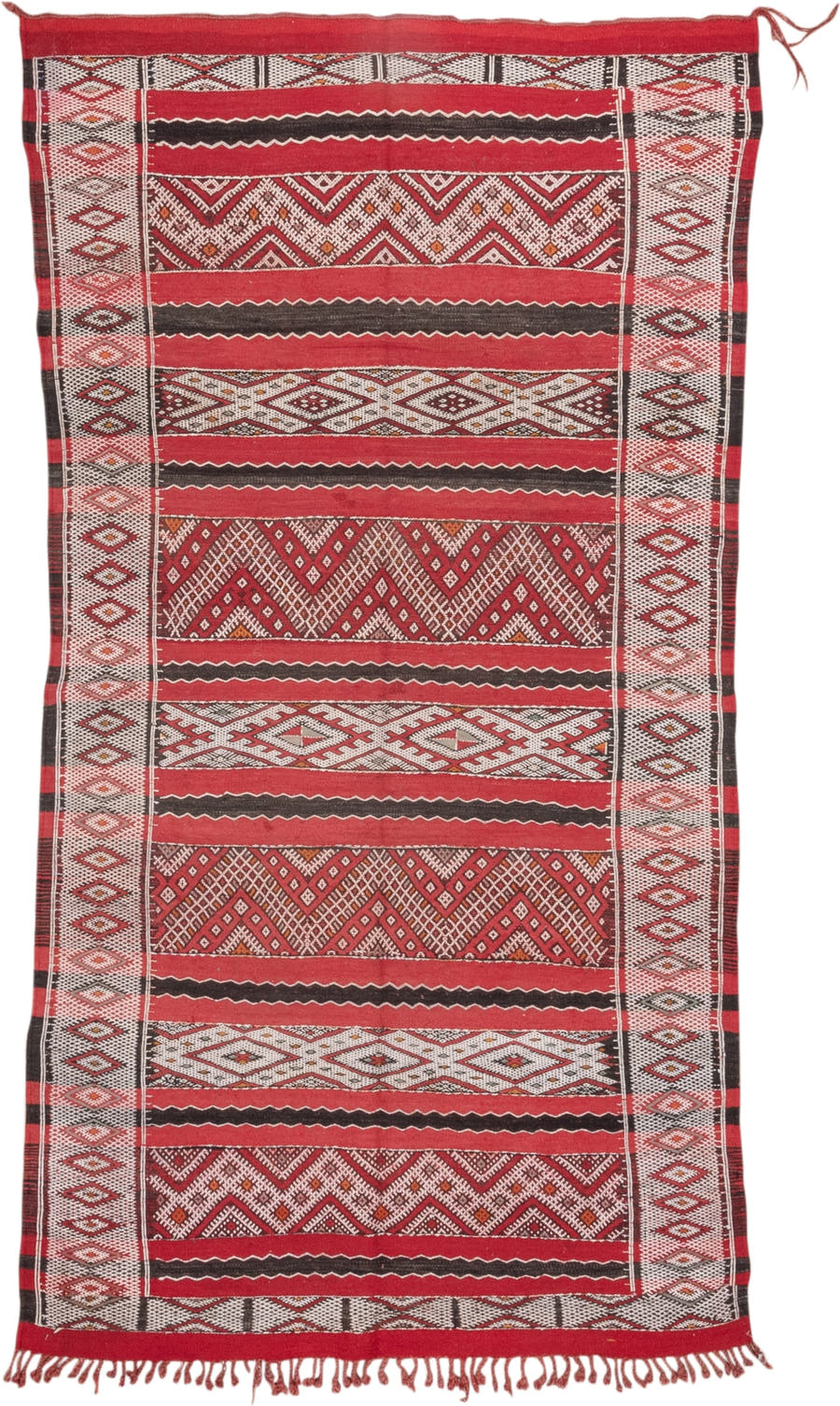 4' x 8' one-of-a-kind handmade vintage Kilim rug. Color palette: red, ivory, charcoal, rust, brown, gray, black, terracotta