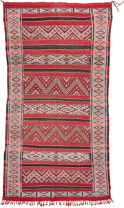 4' x 8' one-of-a-kind handmade vintage Kilim rug. Color palette: red, ivory, charcoal, rust, brown, gray, black, terracotta
