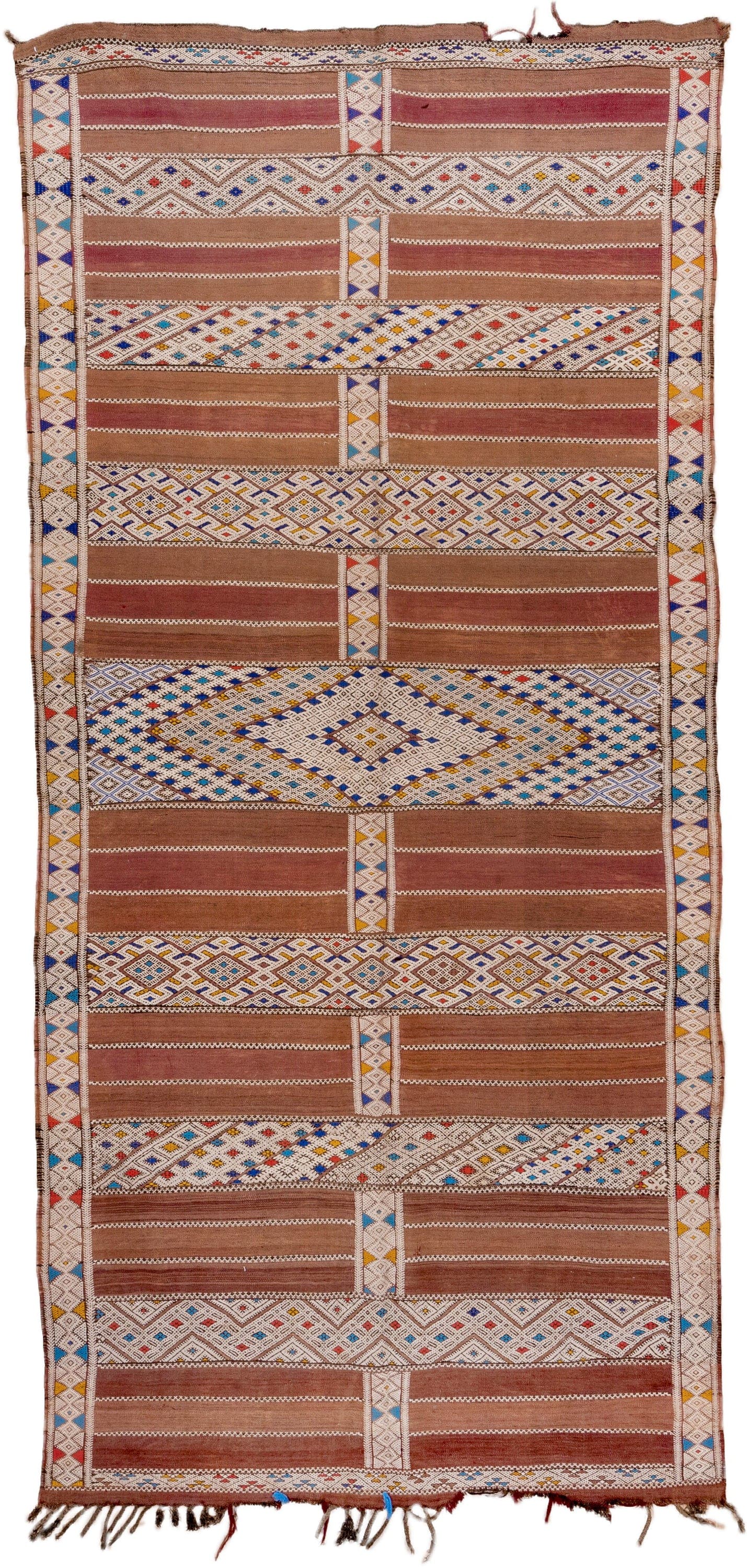 5' x 11' one-of-a-kind handmade vintage Kilim rug. Color palette: camel, ivory, indigo, rust, saffron, terra cotta, sky blue