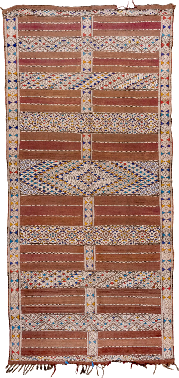 5' x 11' one-of-a-kind handmade vintage Kilim rug. Color palette: blue, brown, gray, light gray, off-white, pink